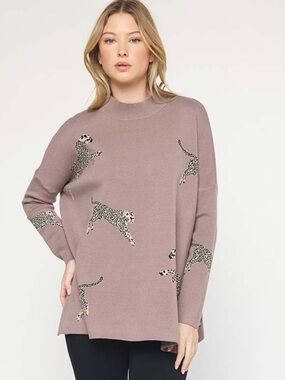 Entro NWT size XL Leopard Cat Print Mock Neck Sweater in Mocha Relaxed Fit